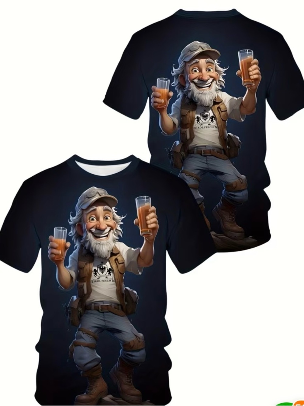 Men’s Graphic Tee with Cheerful Hiker Holding Drinks -Med